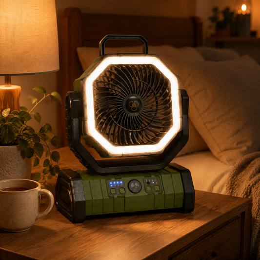 NEJoye A016 4-in-1 Rechargeable Camping Fan — Cool Air, Light, and Power in One