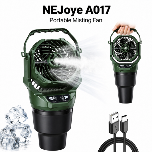 NEJoye A017 Portable Misting Fan – 10000mAh, IPX5, Cup-Holder Design